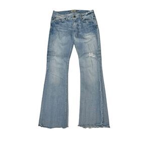 BKE Vintage Buckle Boot Cut Frayed Hem Distressed Light Wash Jeans Size 27/28